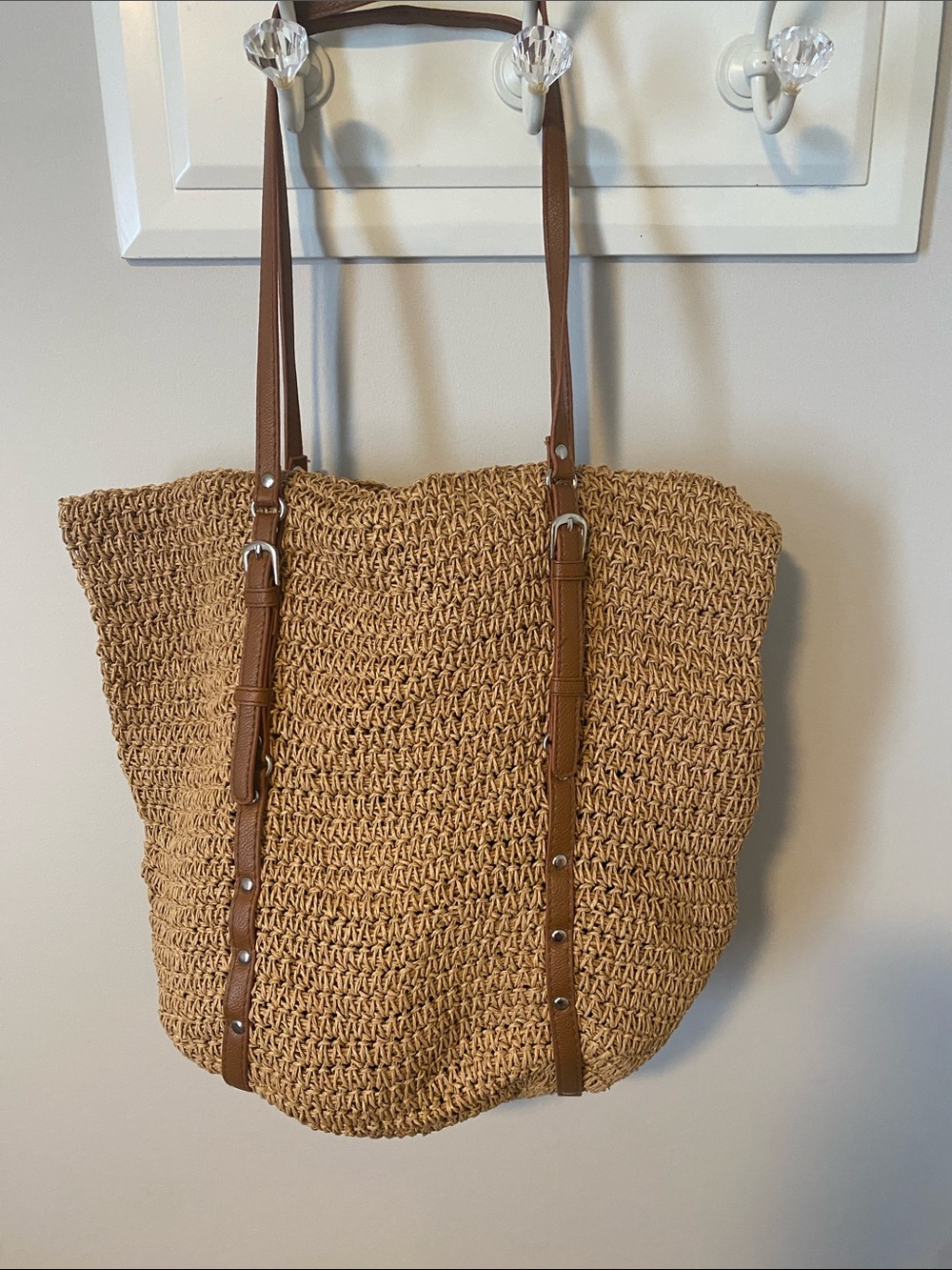 Woven Straw Tote Bag with Brown Faux-Leather Straps